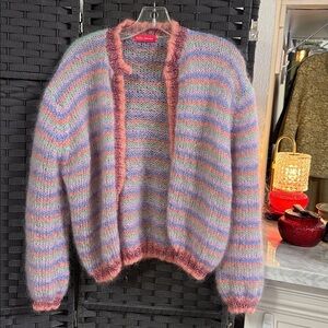 Rose Carmine Rainbow Pastel Stripe Open Front Mohair Lurex Cardigan O/S